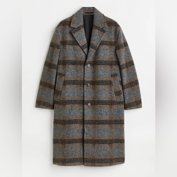 H&M men’s wool blend plaid coat gray tan black size Small - Picture 3 of 10